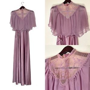 Vintage Purple Prom Formal Dress Union Made Lilac 70s High Neck Lace Long